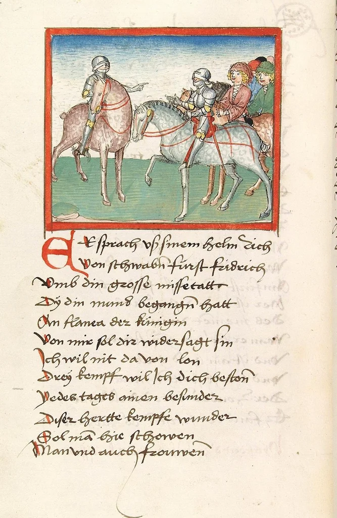 An illustration from 'Lohengrin' ; 'Friedrich von Schwaben', 1470, leaf 680