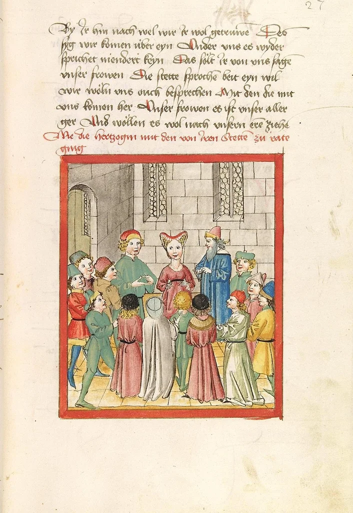 An illustration from 'Lohengrin' ; 'Friedrich von Schwaben', 1470, leaf 69