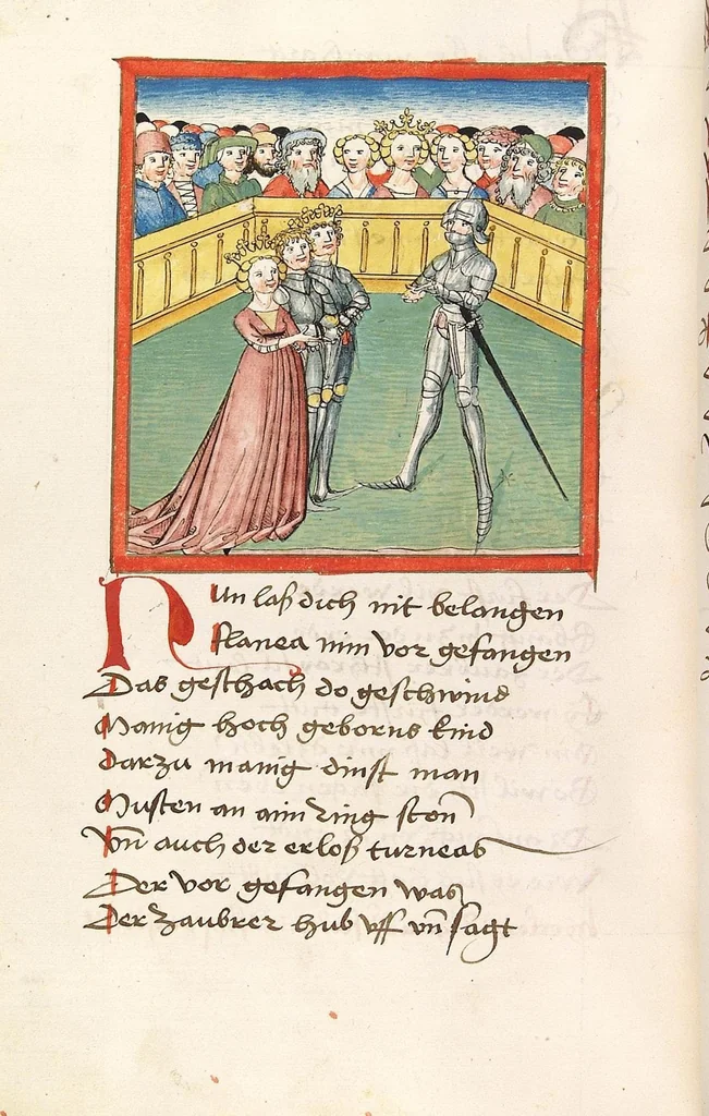 An illustration from 'Lohengrin' ; 'Friedrich von Schwaben', 1470, leaf 696