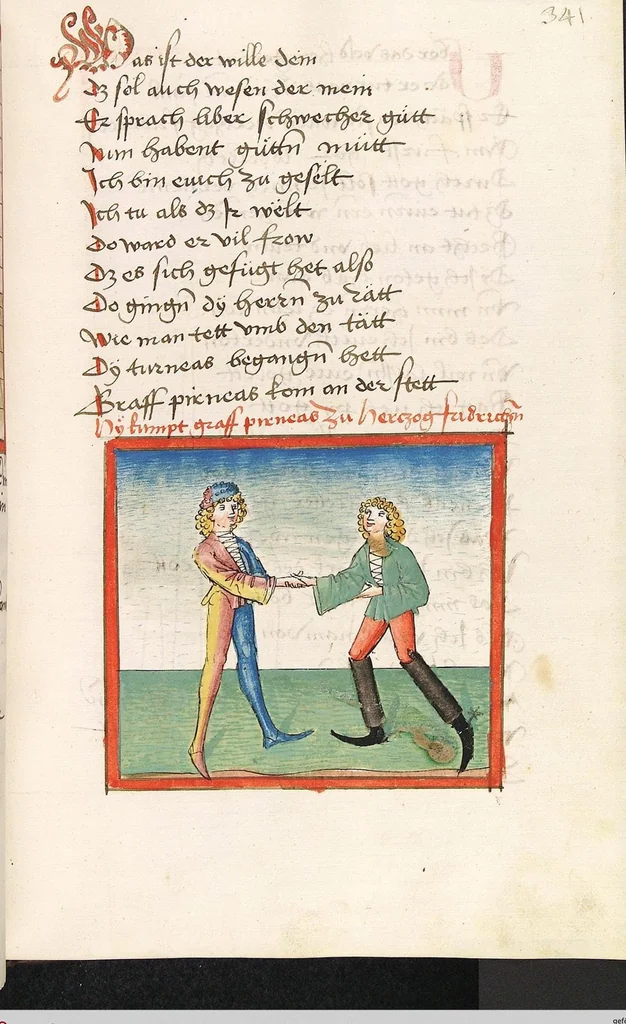 An illustration from 'Lohengrin' ; 'Friedrich von Schwaben', 1470, leaf 703