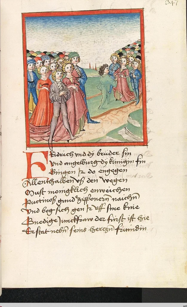 An illustration from 'Lohengrin' ; 'Friedrich von Schwaben', 1470, leaf 715