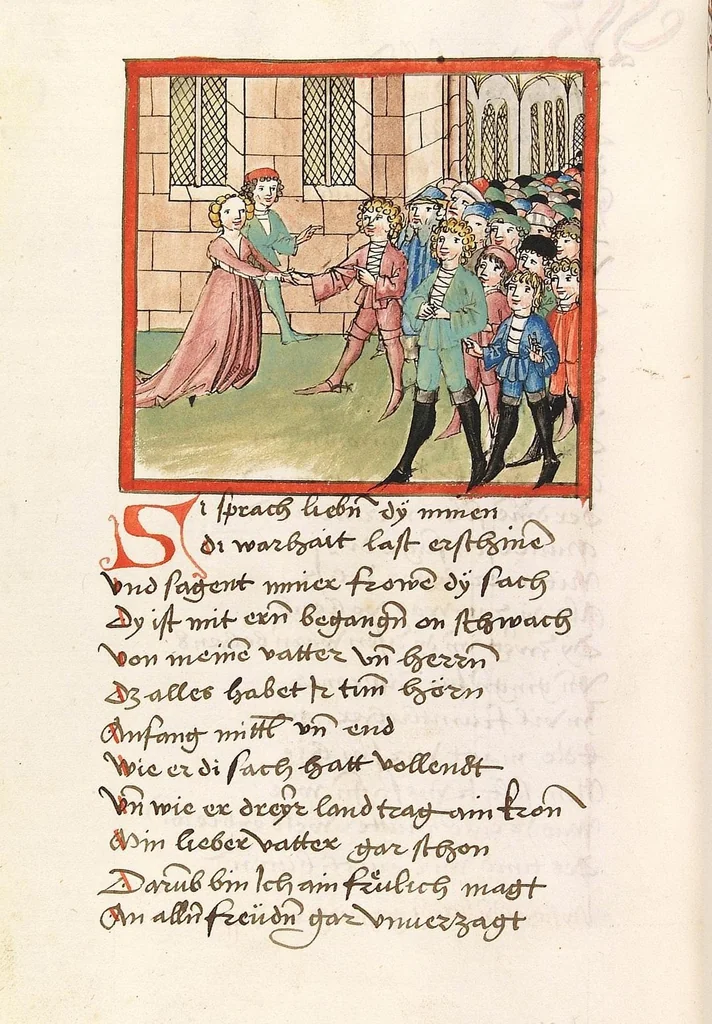 An illustration from 'Lohengrin' ; 'Friedrich von Schwaben', 1470, leaf 730