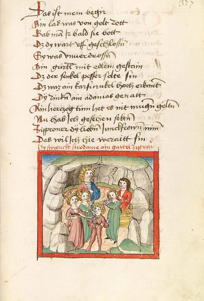 An illustration from 'Lohengrin' ; 'Friedrich von Schwaben', 1470, leaf 777