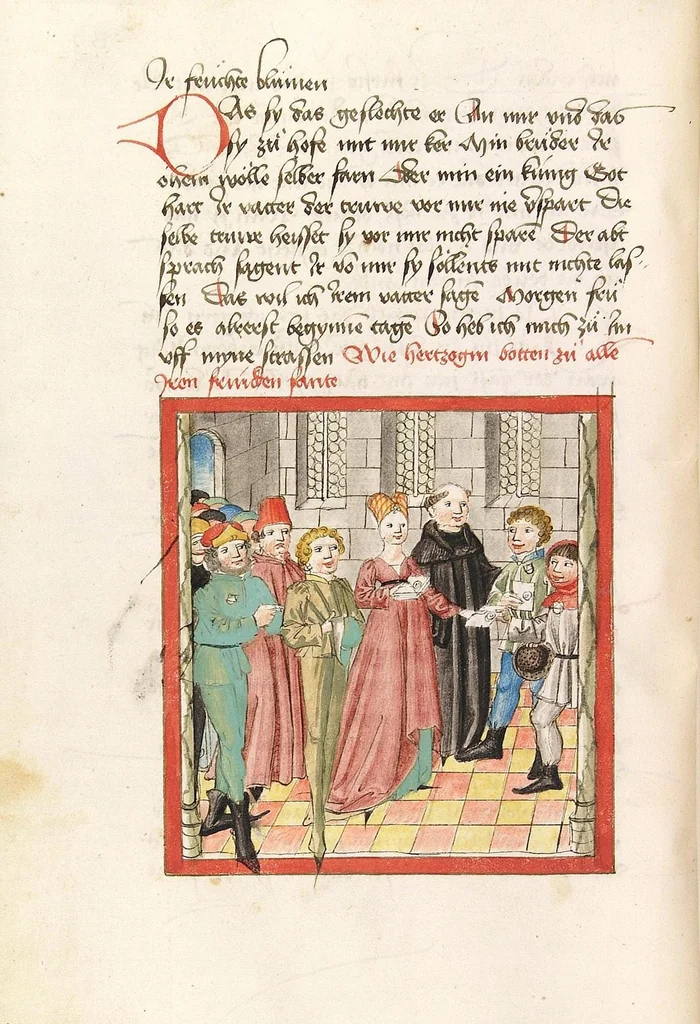 An illustration from 'Lohengrin' ; 'Friedrich von Schwaben', 1470, leaf 84