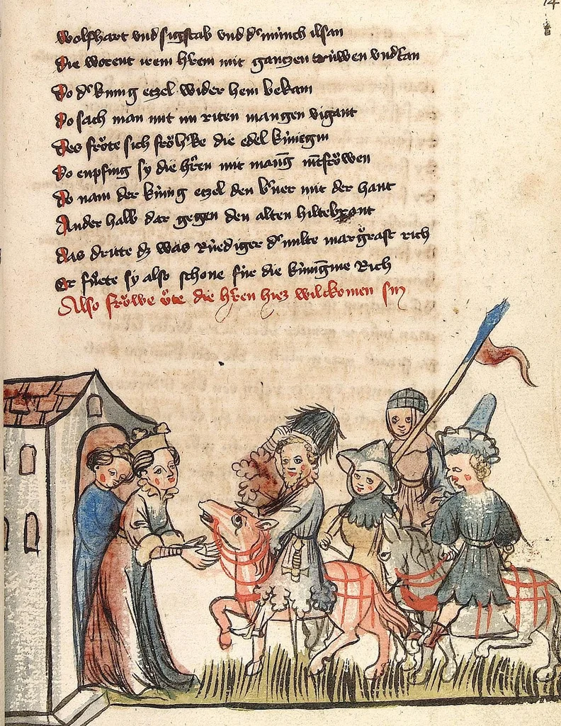 An illustration from 'Rosengarten zu Worms' ; 'Lucidarius', 1420, leaf 43