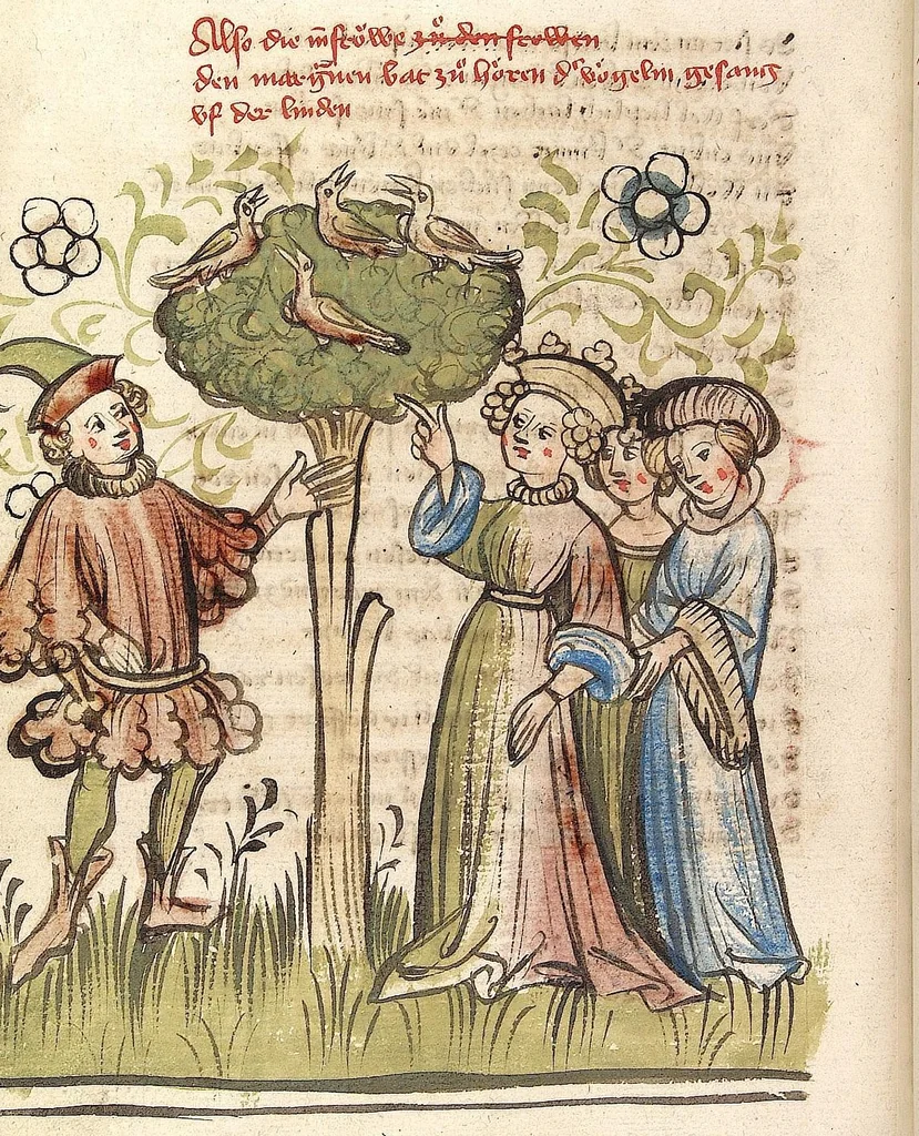 An illustration from 'Rosengarten zu Worms' ; 'Lucidarius', 1420, leaf 64