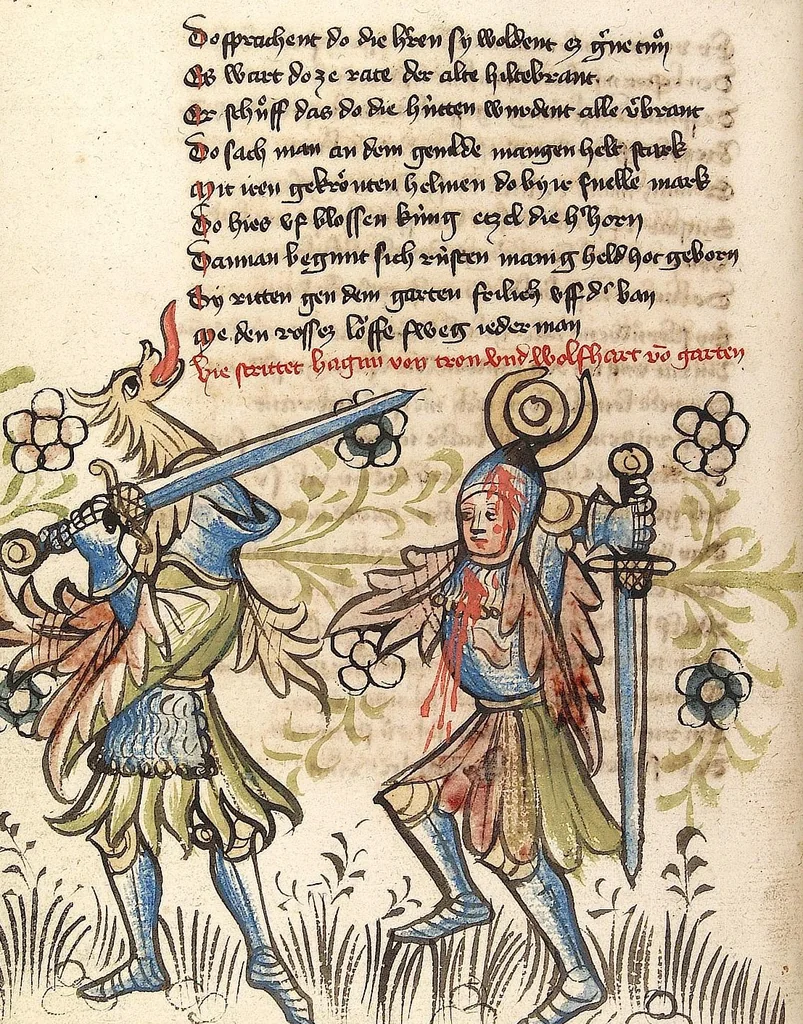 An illustration from 'Rosengarten zu Worms' ; 'Lucidarius', 1420, leaf 74