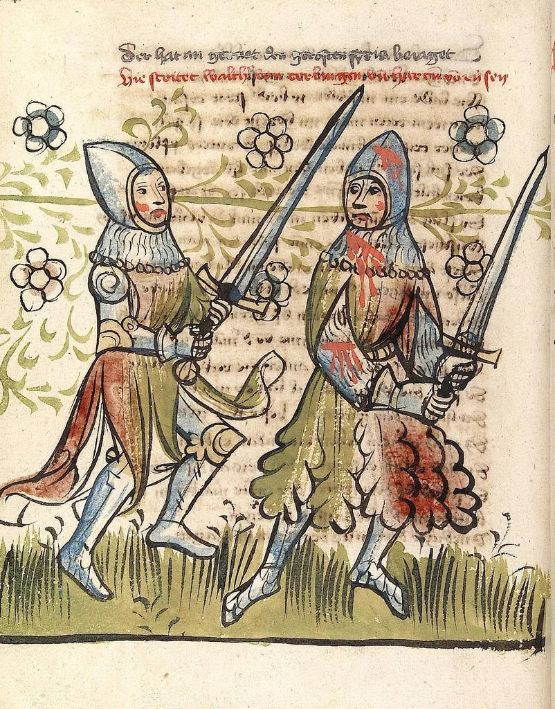 An illustration from 'Rosengarten zu Worms' ; 'Lucidarius', 1420, leaf 96