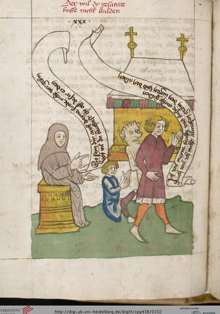 An illustration from 'Heidelberger Bilderkatechismus' (Handschrift) ; Biblia pauperum (Blockbuch) ; Totentanz (Blockbuch) u.a., 1455, leaf 102