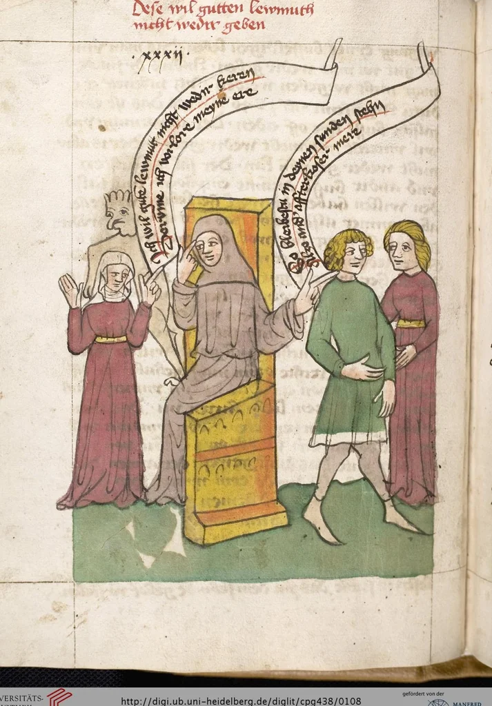 An illustration from 'Heidelberger Bilderkatechismus' (Handschrift) ; Biblia pauperum (Blockbuch) ; Totentanz (Blockbuch) u.a., 1455, leaf 108