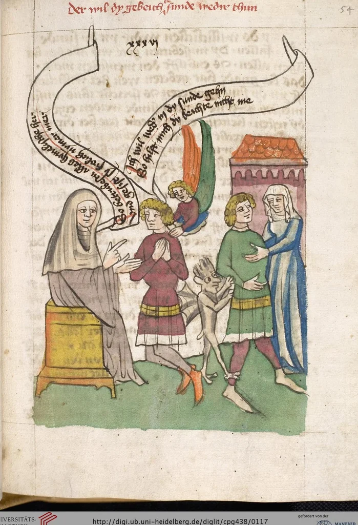 An illustration from 'Heidelberger Bilderkatechismus' (Handschrift) ; Biblia pauperum (Blockbuch) ; Totentanz (Blockbuch) u.a., 1455, leaf 117