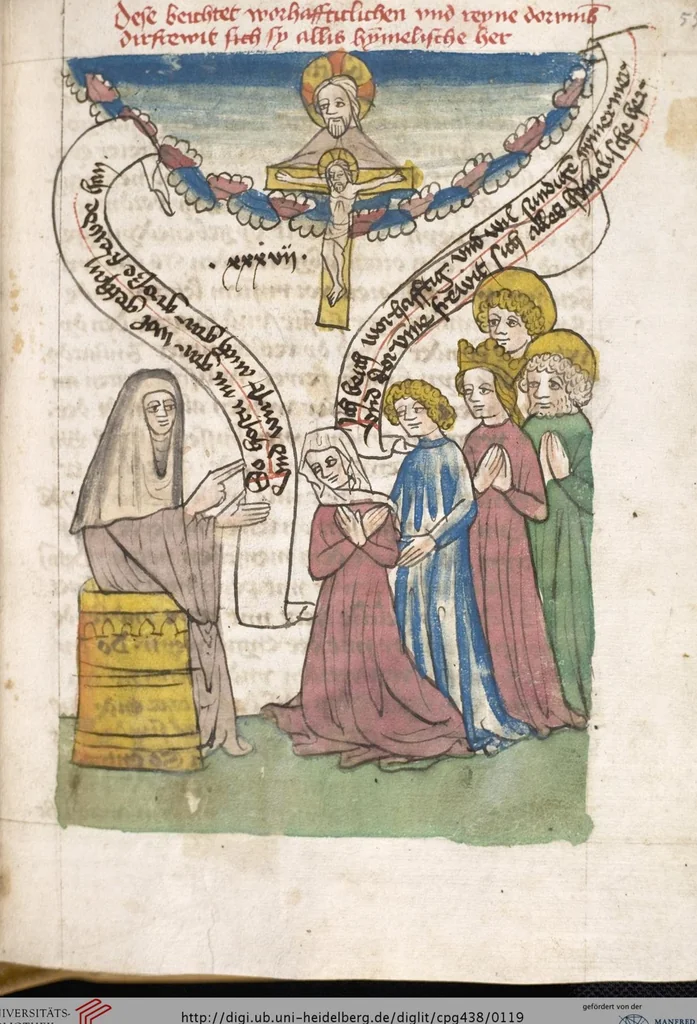 An illustration from 'Heidelberger Bilderkatechismus' (Handschrift) ; Biblia pauperum (Blockbuch) ; Totentanz (Blockbuch) u.a., 1455, leaf 119