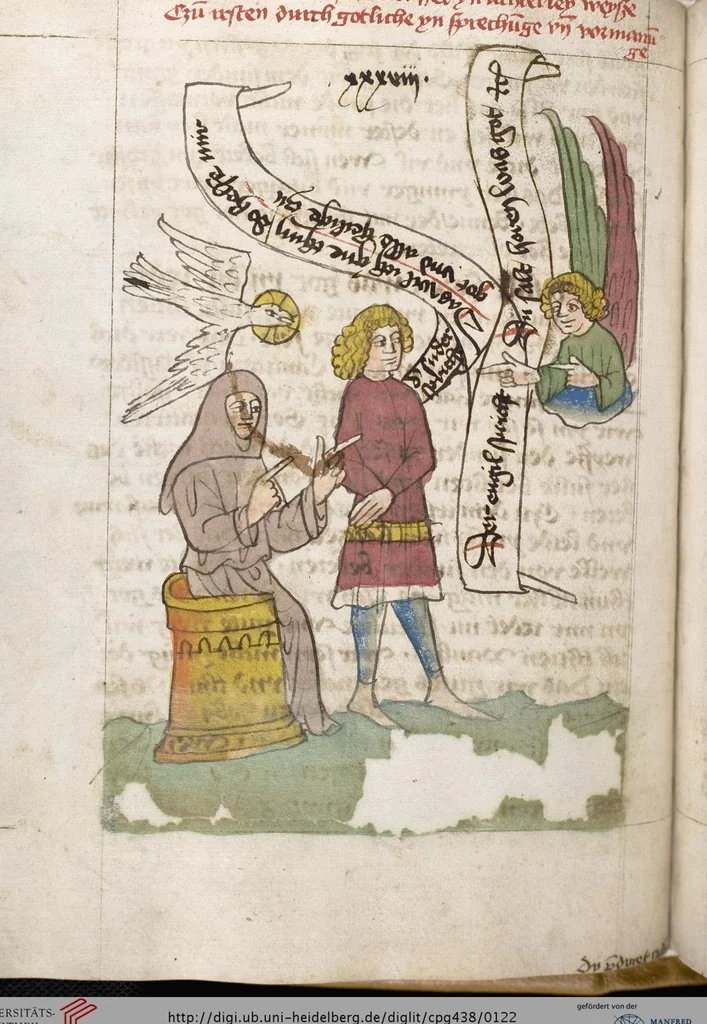 An illustration from 'Heidelberger Bilderkatechismus' (Handschrift) ; Biblia pauperum (Blockbuch) ; Totentanz (Blockbuch) u.a., 1455, leaf 122