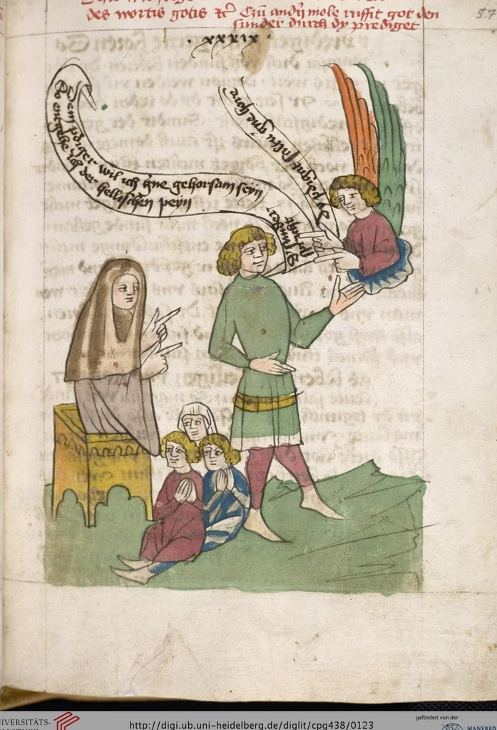 An illustration from 'Heidelberger Bilderkatechismus' (Handschrift) ; Biblia pauperum (Blockbuch) ; Totentanz (Blockbuch) u.a., 1455, leaf 123