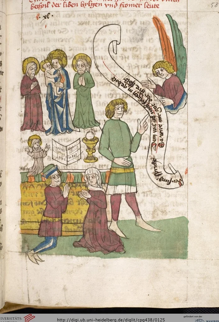 An illustration from 'Heidelberger Bilderkatechismus' (Handschrift) ; Biblia pauperum (Blockbuch) ; Totentanz (Blockbuch) u.a., 1455, leaf 125