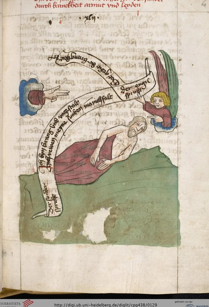 An illustration from 'Heidelberger Bilderkatechismus' (Handschrift) ; Biblia pauperum (Blockbuch) ; Totentanz (Blockbuch) u.a., 1455, leaf 129