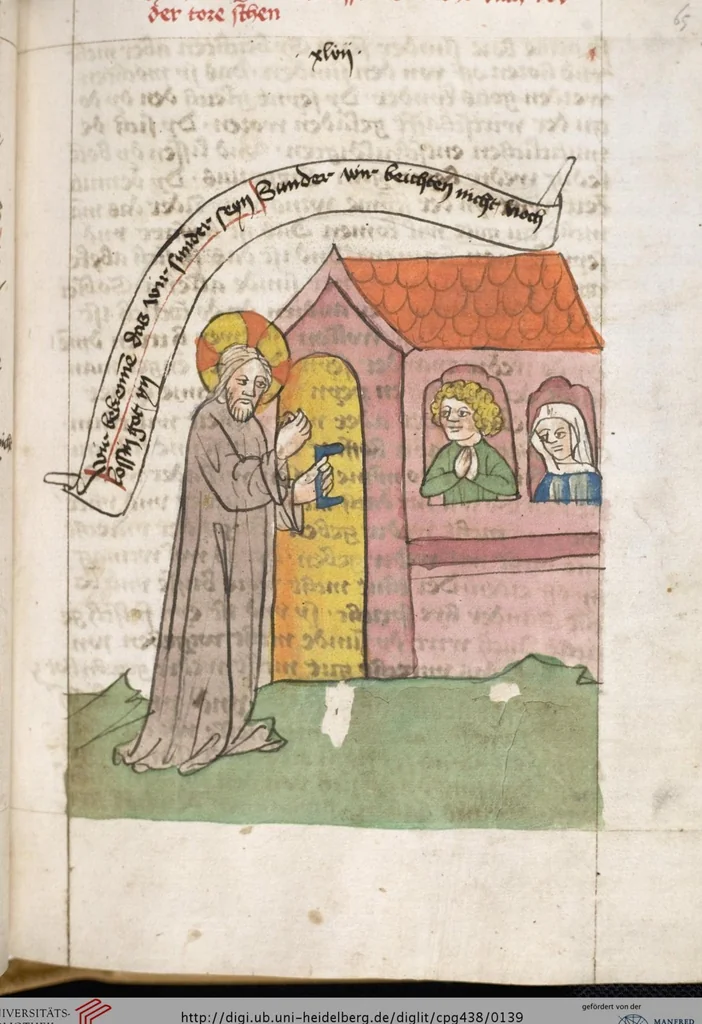 An illustration from 'Heidelberger Bilderkatechismus' (Handschrift) ; Biblia pauperum (Blockbuch) ; Totentanz (Blockbuch) u.a., 1455, leaf 139