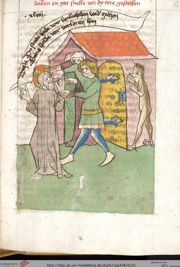 An illustration from 'Heidelberger Bilderkatechismus' (Handschrift) ; Biblia pauperum (Blockbuch) ; Totentanz (Blockbuch) u.a., 1455, leaf 141