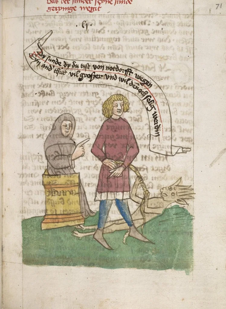 An illustration from 'Heidelberger Bilderkatechismus' (Handschrift) ; Biblia pauperum (Blockbuch) ; Totentanz (Blockbuch) u.a., 1455, leaf 151