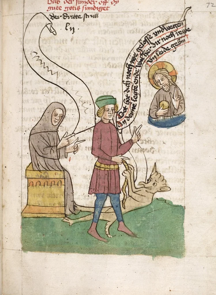 An illustration from 'Heidelberger Bilderkatechismus' (Handschrift) ; Biblia pauperum (Blockbuch) ; Totentanz (Blockbuch) u.a., 1455, leaf 153