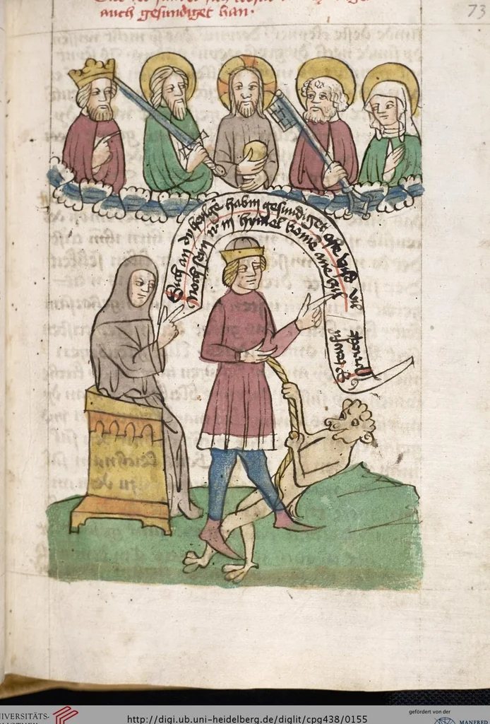 An illustration from 'Heidelberger Bilderkatechismus' (Handschrift) ; Biblia pauperum (Blockbuch) ; Totentanz (Blockbuch) u.a., 1455, leaf 155