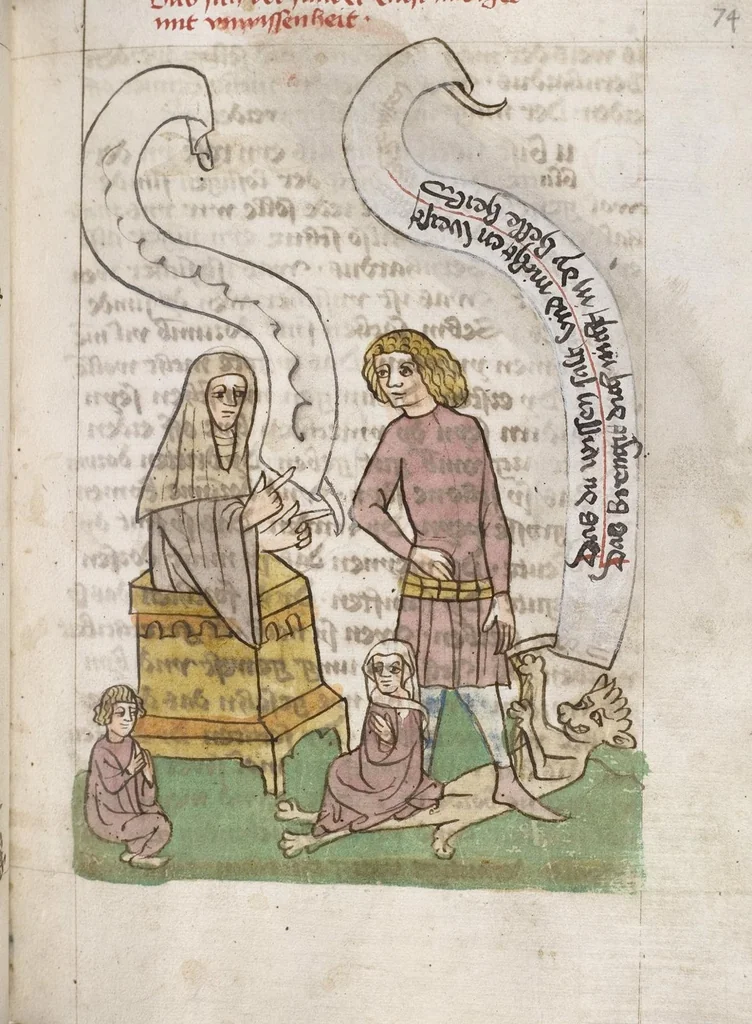 An illustration from 'Heidelberger Bilderkatechismus' (Handschrift) ; Biblia pauperum (Blockbuch) ; Totentanz (Blockbuch) u.a., 1455, leaf 157