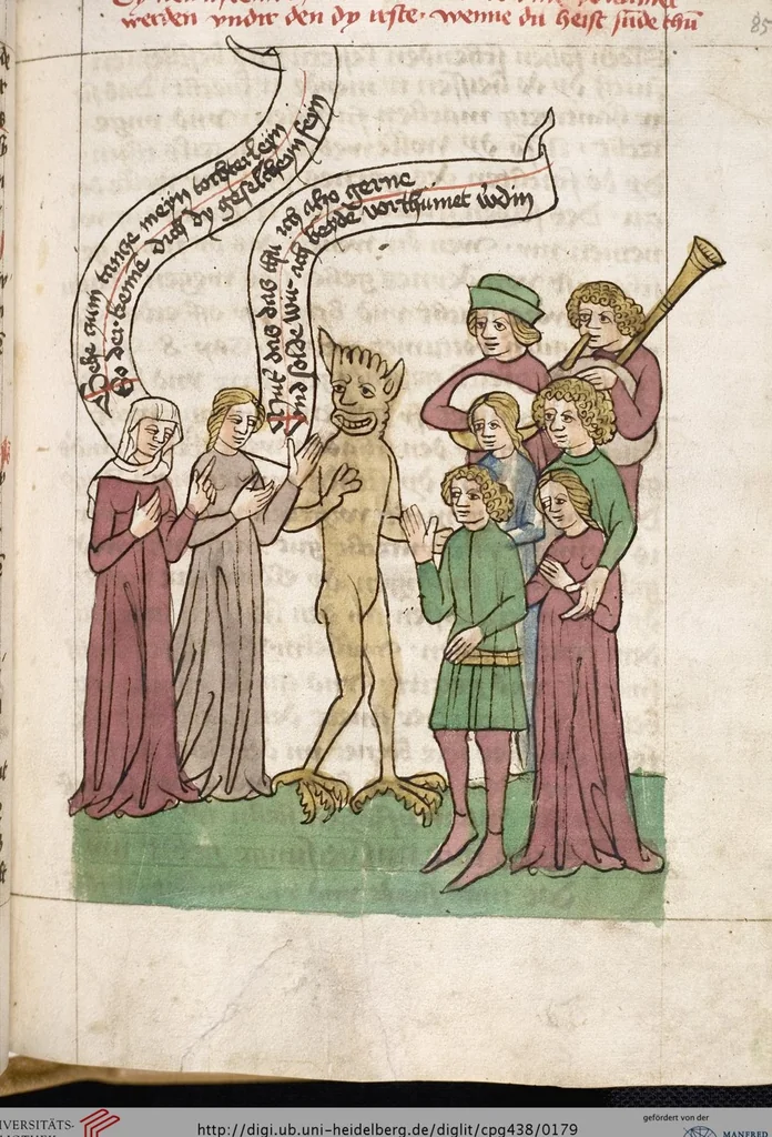 An illustration from 'Heidelberger Bilderkatechismus' (Handschrift) ; Biblia pauperum (Blockbuch) ; Totentanz (Blockbuch) u.a., 1455, leaf 179