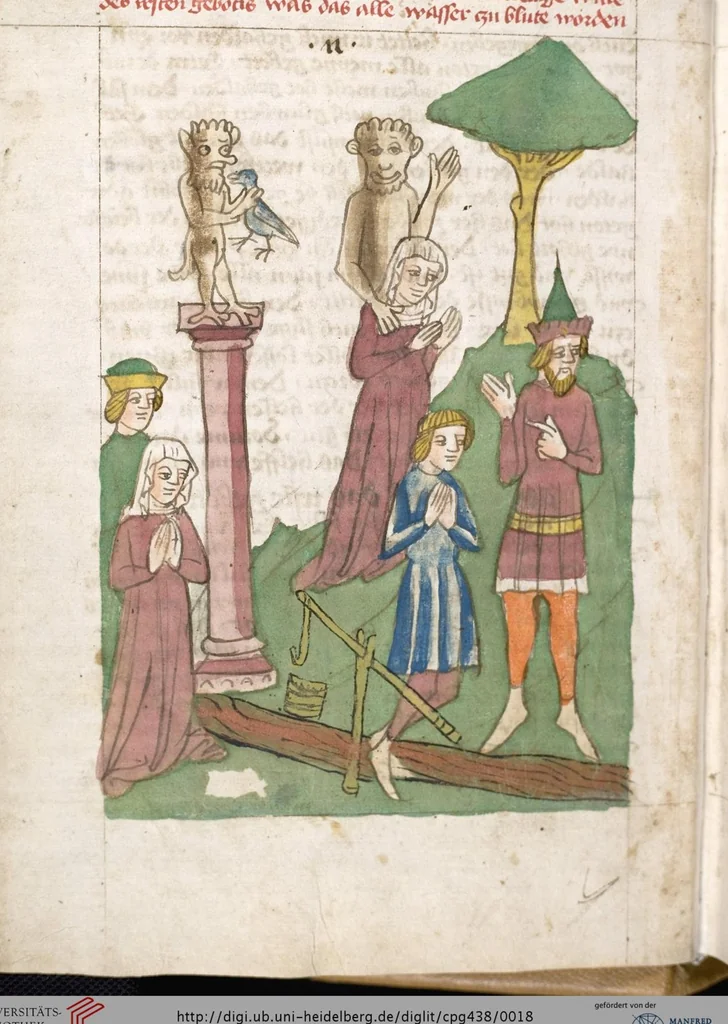 An illustration from 'Heidelberger Bilderkatechismus' (Handschrift) ; Biblia pauperum (Blockbuch) ; Totentanz (Blockbuch) u.a., 1455, leaf 18