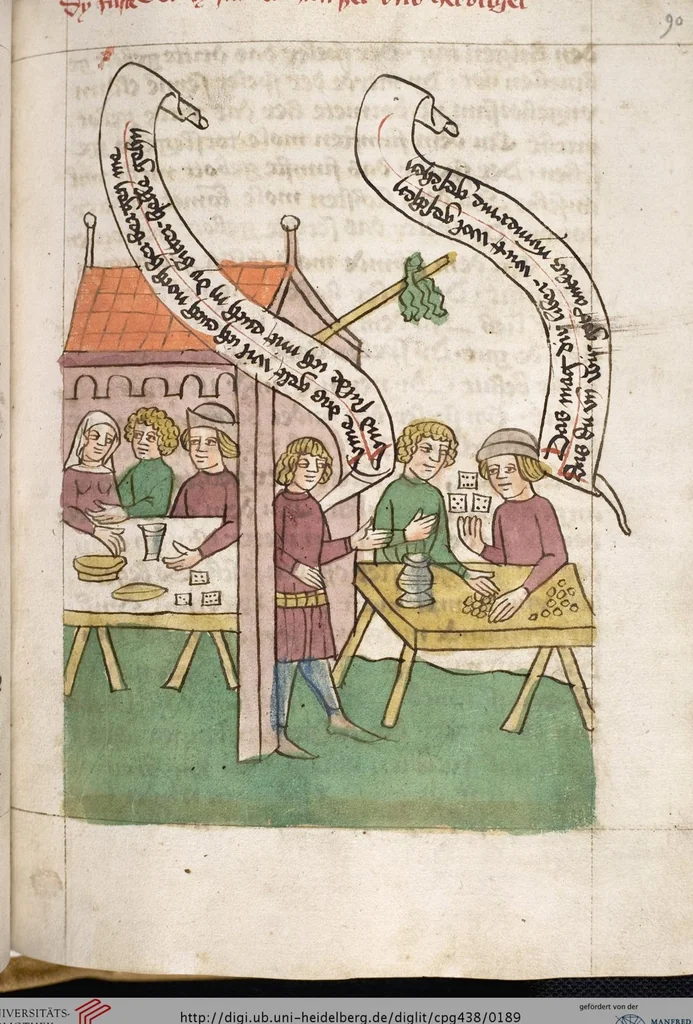 An illustration from 'Heidelberger Bilderkatechismus' (Handschrift) ; Biblia pauperum (Blockbuch) ; Totentanz (Blockbuch) u.a., 1455, leaf 189