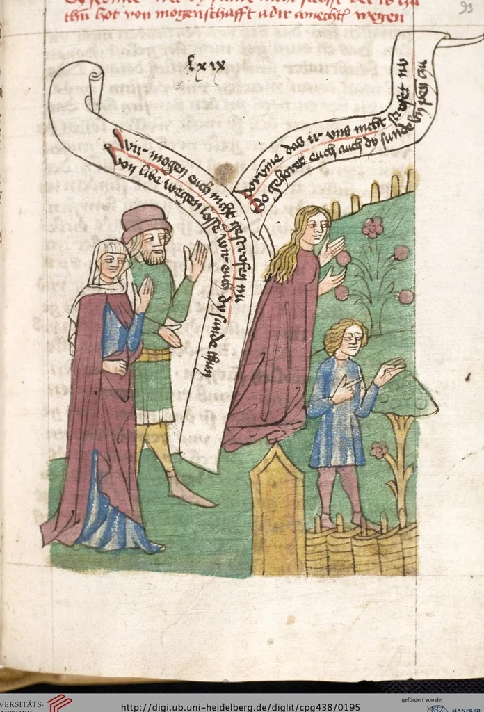 An illustration from 'Heidelberger Bilderkatechismus' (Handschrift) ; Biblia pauperum (Blockbuch) ; Totentanz (Blockbuch) u.a., 1455, leaf 195