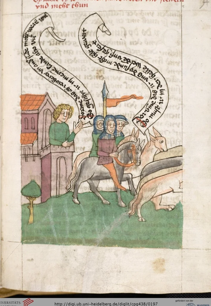 An illustration from 'Heidelberger Bilderkatechismus' (Handschrift) ; Biblia pauperum (Blockbuch) ; Totentanz (Blockbuch) u.a., 1455, leaf 197