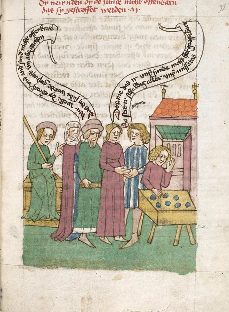 An illustration from 'Heidelberger Bilderkatechismus' (Handschrift) ; Biblia pauperum (Blockbuch) ; Totentanz (Blockbuch) u.a., 1455, leaf 199