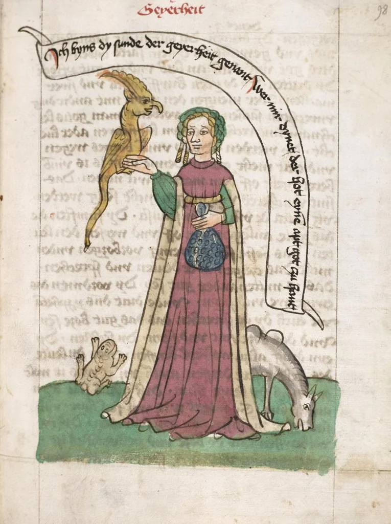 An illustration from 'Heidelberger Bilderkatechismus' (Handschrift) ; Biblia pauperum (Blockbuch) ; Totentanz (Blockbuch) u.a., 1455, leaf 205