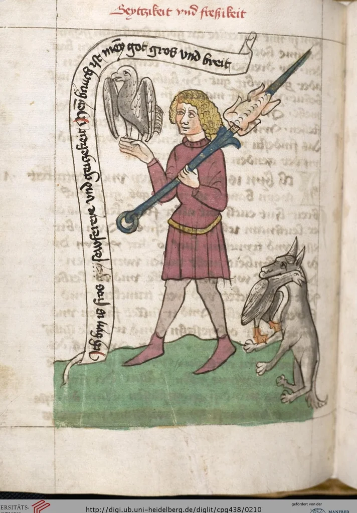 An illustration from 'Heidelberger Bilderkatechismus' (Handschrift) ; Biblia pauperum (Blockbuch) ; Totentanz (Blockbuch) u.a., 1455, leaf 210