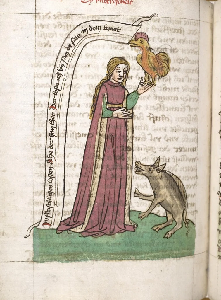 An illustration from 'Heidelberger Bilderkatechismus' (Handschrift) ; Biblia pauperum (Blockbuch) ; Totentanz (Blockbuch) u.a., 1455, leaf 216