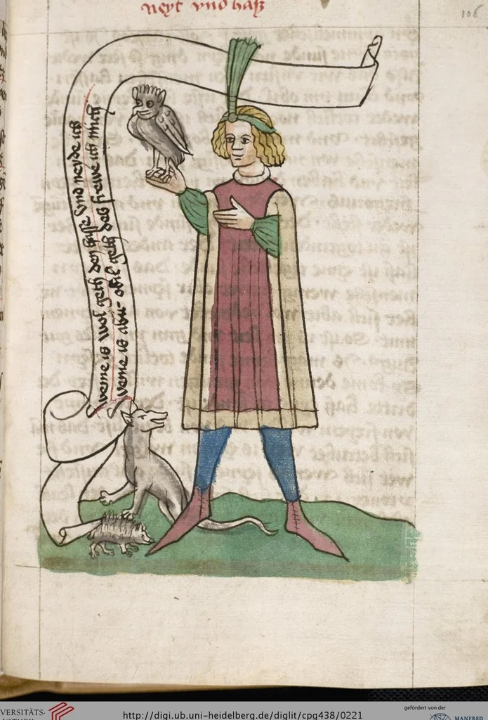 An illustration from 'Heidelberger Bilderkatechismus' (Handschrift) ; Biblia pauperum (Blockbuch) ; Totentanz (Blockbuch) u.a., 1455, leaf 221