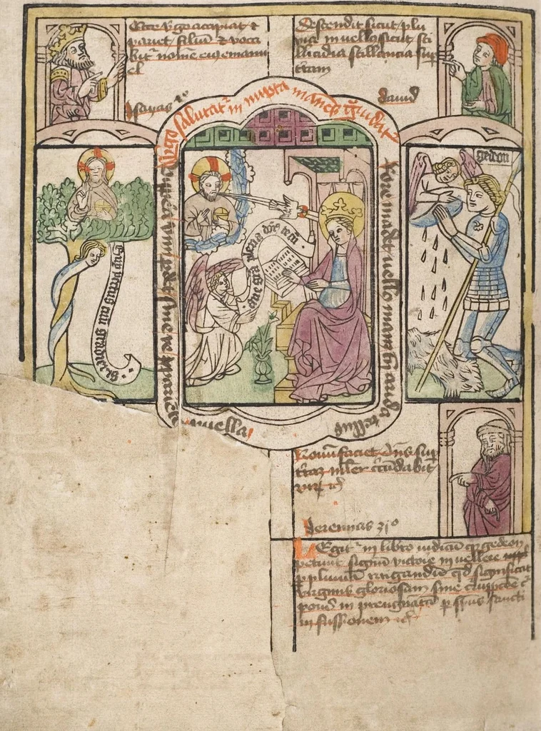 An illustration from 'Heidelberger Bilderkatechismus' (Handschrift) ; Biblia pauperum (Blockbuch) ; Totentanz (Blockbuch) u.a., 1455, leaf 232