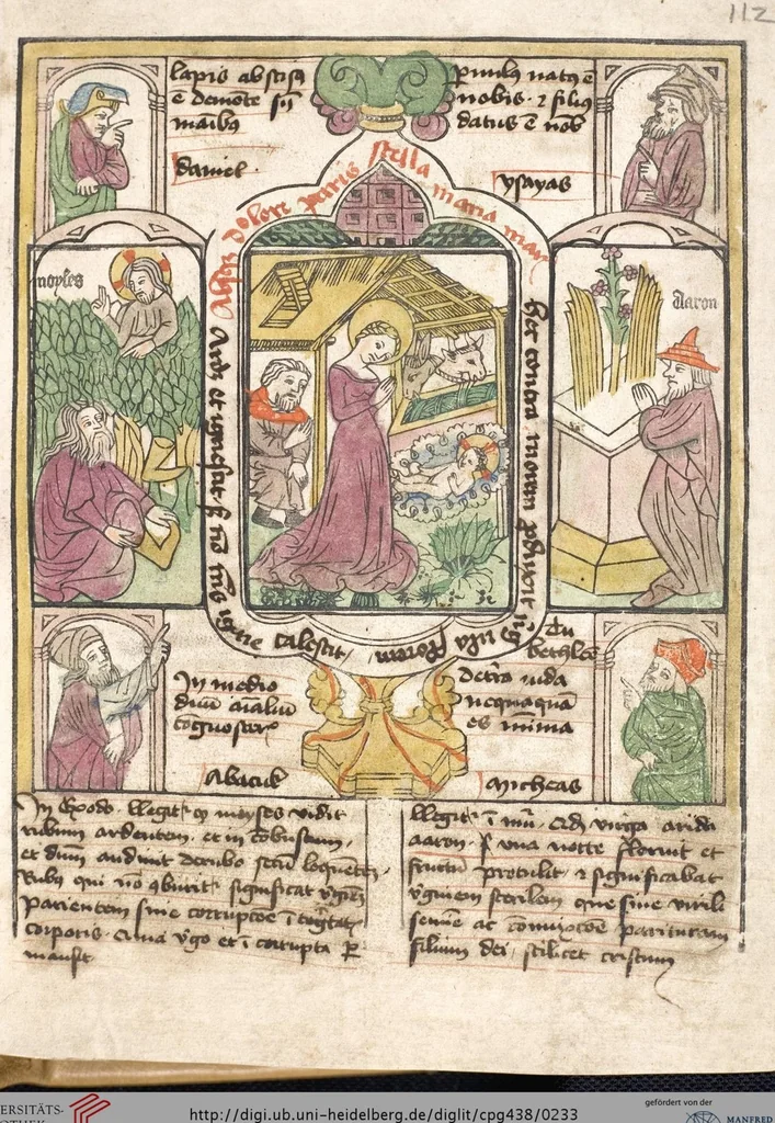 An illustration from 'Heidelberger Bilderkatechismus' (Handschrift) ; Biblia pauperum (Blockbuch) ; Totentanz (Blockbuch) u.a., 1455, leaf 233