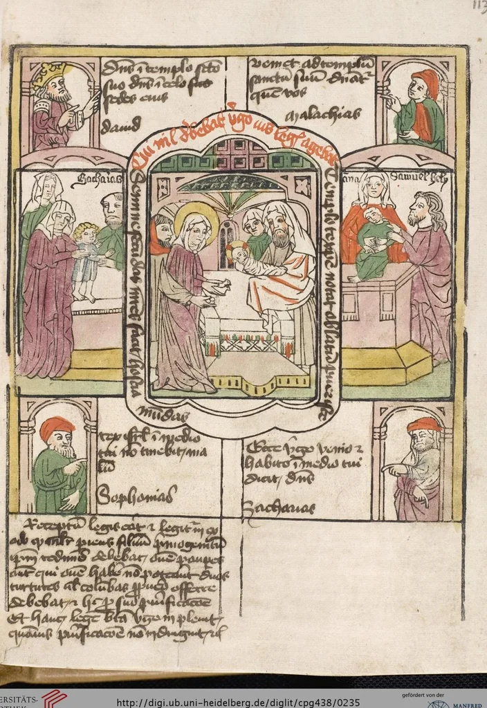 An illustration from 'Heidelberger Bilderkatechismus' (Handschrift) ; Biblia pauperum (Blockbuch) ; Totentanz (Blockbuch) u.a., 1455, leaf 235
