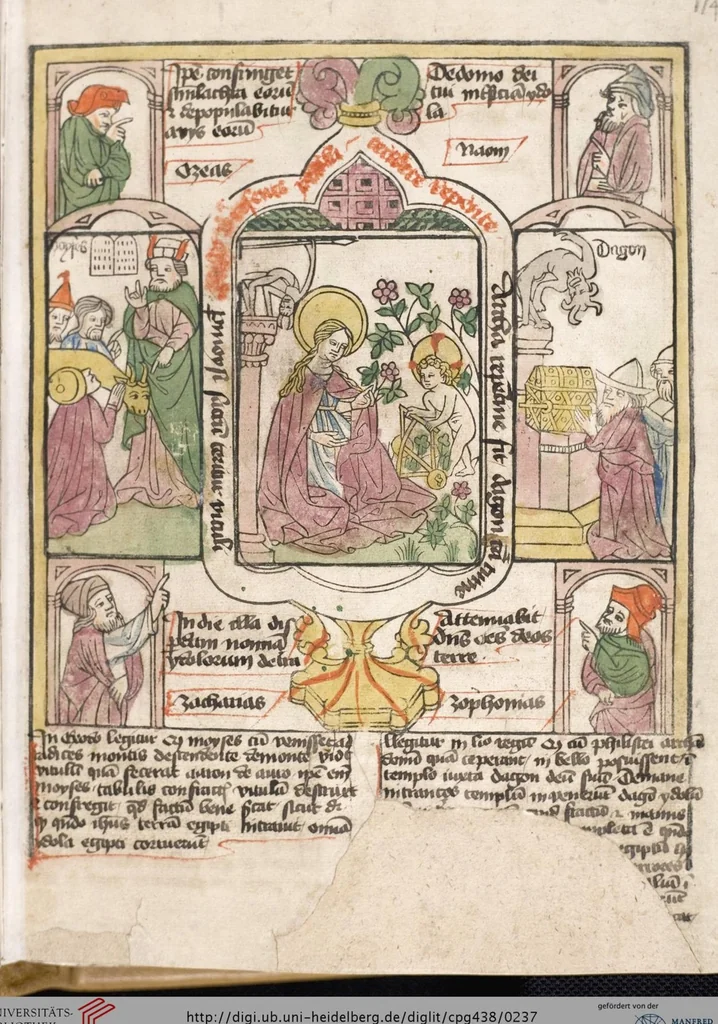 An illustration from 'Heidelberger Bilderkatechismus' (Handschrift) ; Biblia pauperum (Blockbuch) ; Totentanz (Blockbuch) u.a., 1455, leaf 237