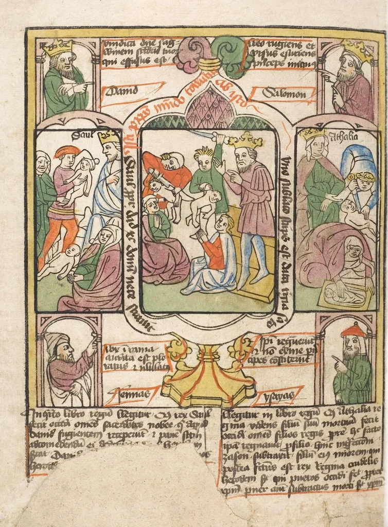 An illustration from 'Heidelberger Bilderkatechismus' (Handschrift) ; Biblia pauperum (Blockbuch) ; Totentanz (Blockbuch) u.a., 1455, leaf 238