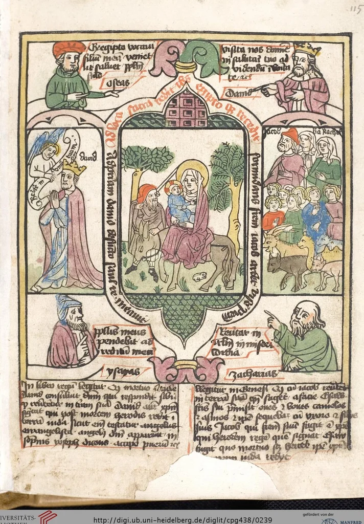 An illustration from 'Heidelberger Bilderkatechismus' (Handschrift) ; Biblia pauperum (Blockbuch) ; Totentanz (Blockbuch) u.a., 1455, leaf 239