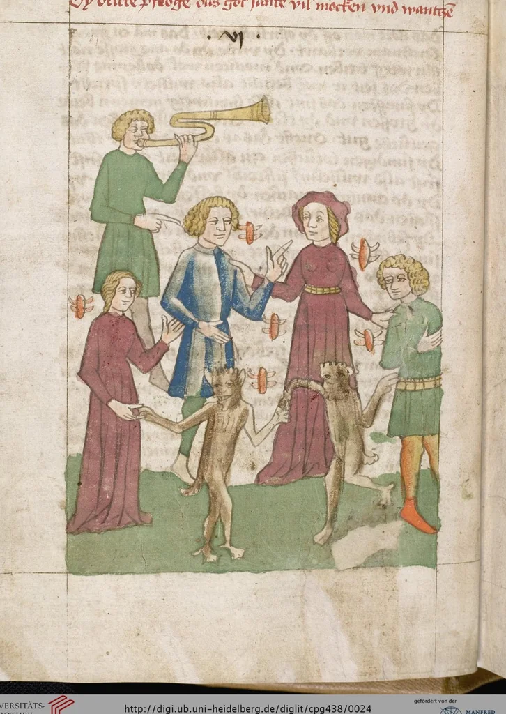 An illustration from 'Heidelberger Bilderkatechismus' (Handschrift) ; Biblia pauperum (Blockbuch) ; Totentanz (Blockbuch) u.a., 1455, leaf 24