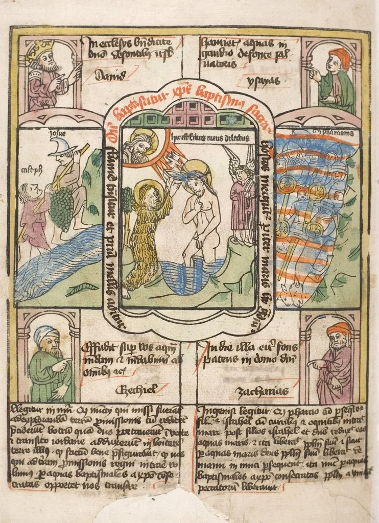 An illustration from 'Heidelberger Bilderkatechismus' (Handschrift) ; Biblia pauperum (Blockbuch) ; Totentanz (Blockbuch) u.a., 1455, leaf 240