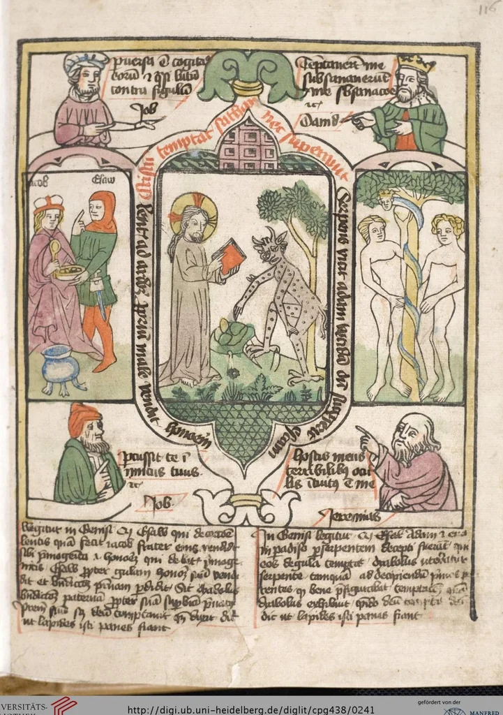 An illustration from 'Heidelberger Bilderkatechismus' (Handschrift) ; Biblia pauperum (Blockbuch) ; Totentanz (Blockbuch) u.a., 1455, leaf 241