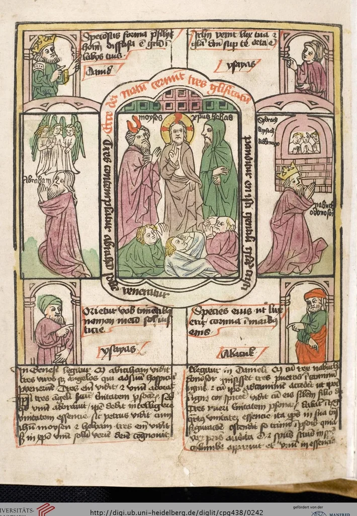 An illustration from 'Heidelberger Bilderkatechismus' (Handschrift) ; Biblia pauperum (Blockbuch) ; Totentanz (Blockbuch) u.a., 1455, leaf 242