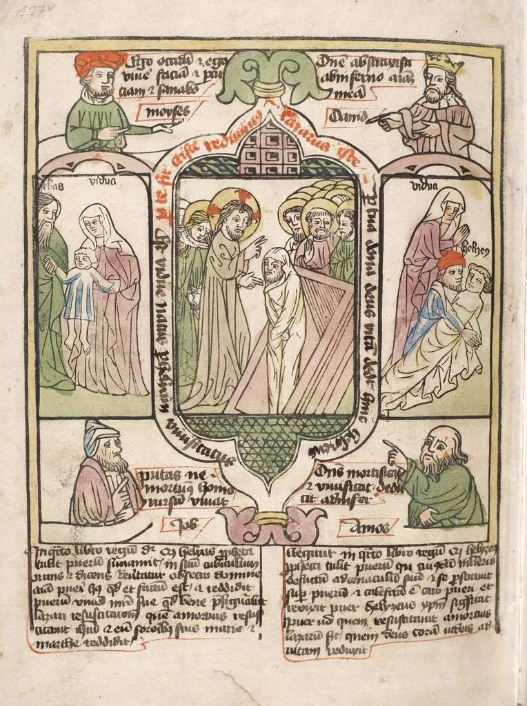 An illustration from 'Heidelberger Bilderkatechismus' (Handschrift) ; Biblia pauperum (Blockbuch) ; Totentanz (Blockbuch) u.a., 1455, leaf 244