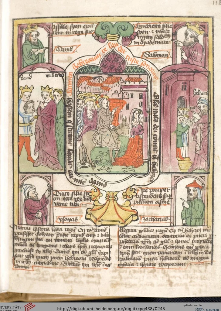 An illustration from 'Heidelberger Bilderkatechismus' (Handschrift) ; Biblia pauperum (Blockbuch) ; Totentanz (Blockbuch) u.a., 1455, leaf 245