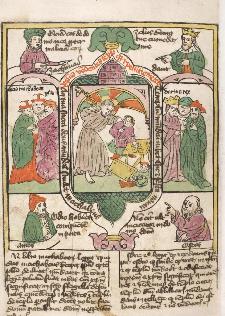 An illustration from 'Heidelberger Bilderkatechismus' (Handschrift) ; Biblia pauperum (Blockbuch) ; Totentanz (Blockbuch) u.a., 1455, leaf 246
