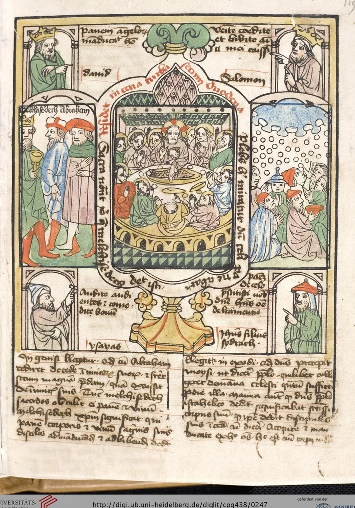 An illustration from 'Heidelberger Bilderkatechismus' (Handschrift) ; Biblia pauperum (Blockbuch) ; Totentanz (Blockbuch) u.a., 1455, leaf 247